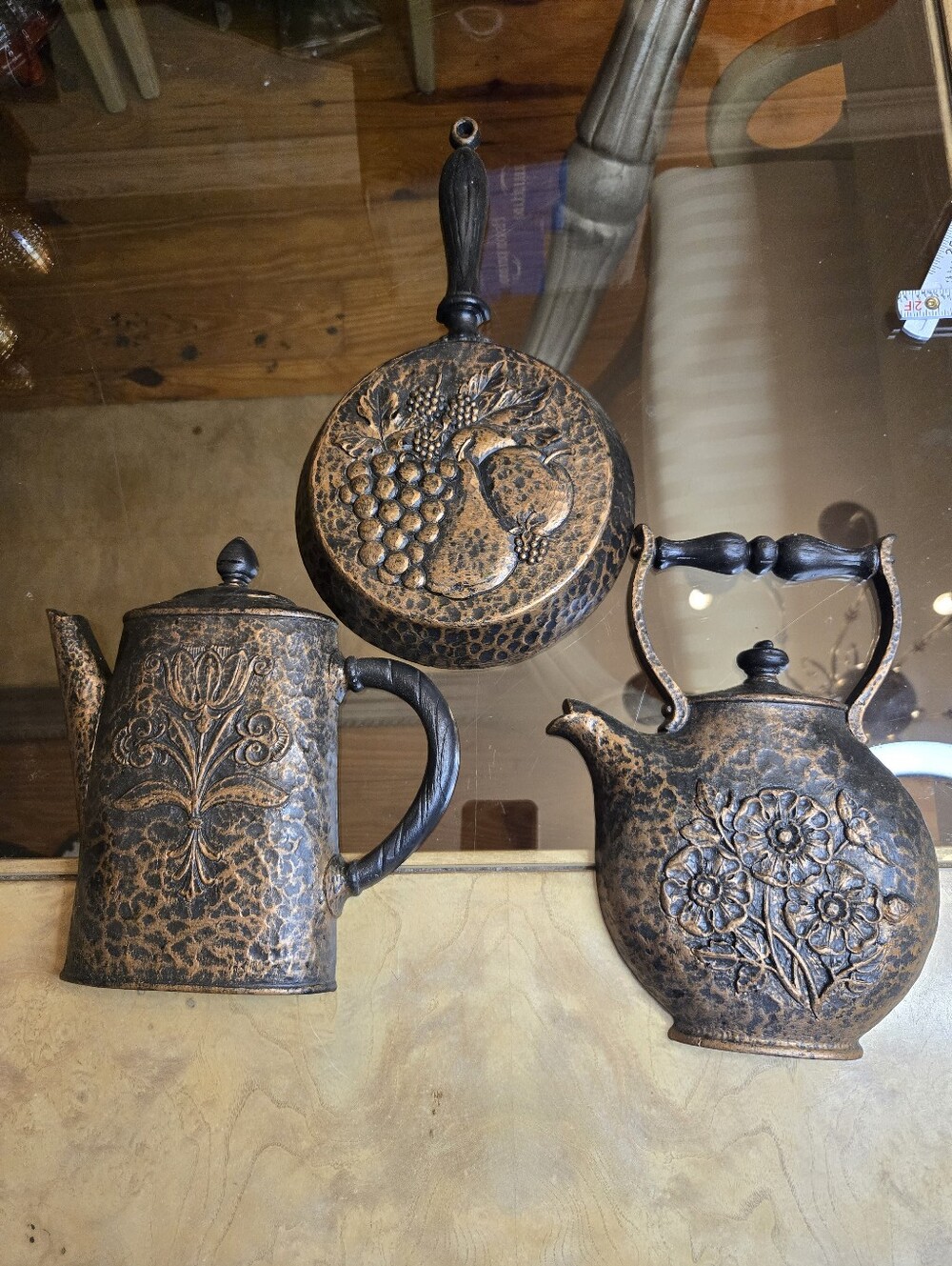 Vintage 1972 Homco Copper Black Decorative Teapot and Kettle & Skillet Set